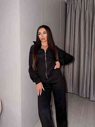 Жіночий стильний повсякденний костюм зі стразами вільного крою тринитка Чорний, 48/50 Одеса