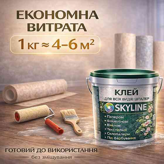 Клей для шпалер Skyline універсальний суперміцний для скловолокна і важких шпалер, готовий без запаху 1 кг Харків