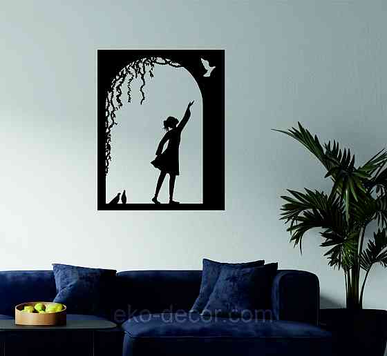 Декоративное настенное Панно «Девочка и голубь» Декор на стену 70*55 см, Черный Киев