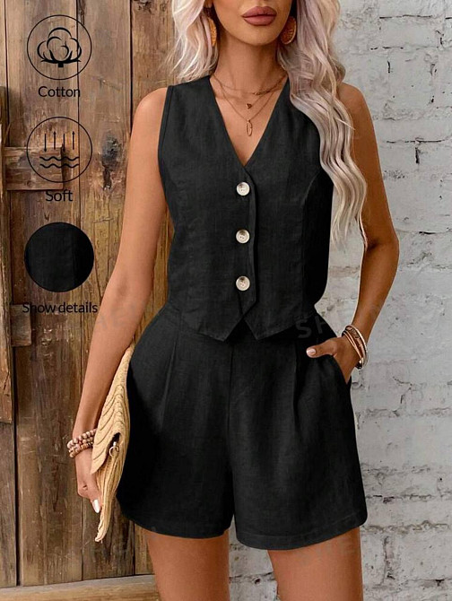 Женский базовый летний костюм двойка: жилет и шорты лен жатка 42/44, Черный Одесса - изображение 2