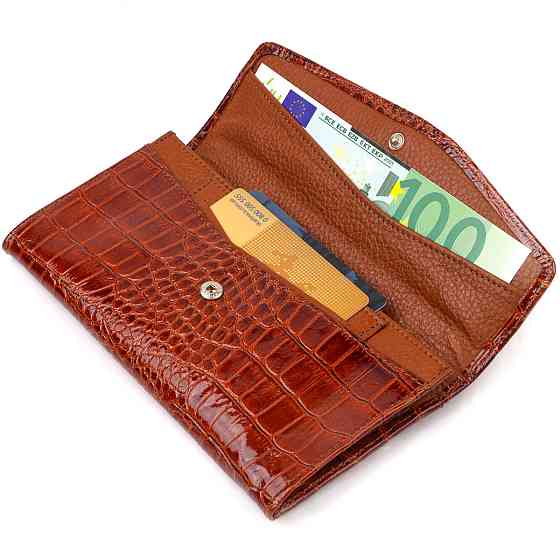 Жіноче портмоне з лакованої натуральної шкіри з тисненням під крокодила CANPELLINI 21704 Коричневе Київ