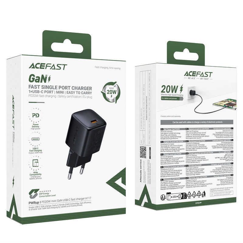 Сетевое зарядное устройство ACEFAST A117 PD20W mini GaN USB-C fast charger Black Одесса - изображение 2
