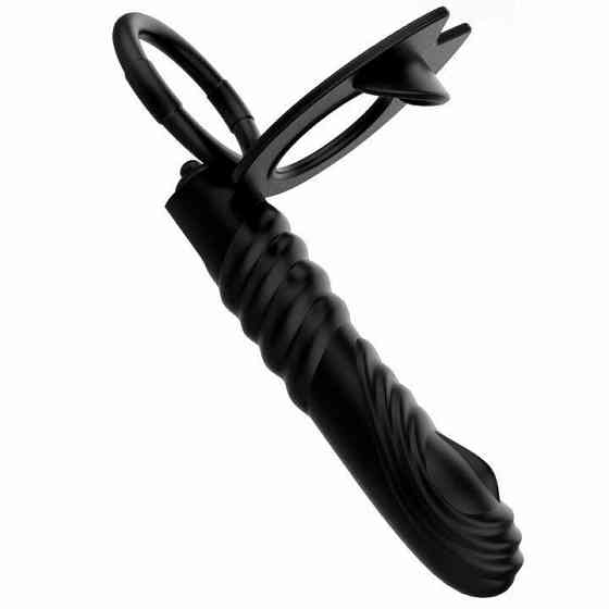 Ерекційне кільце з вібрацією і рельєфним фалоімітатором для подвійного проникнення - Чорний - Анальні іграшки Вінниця