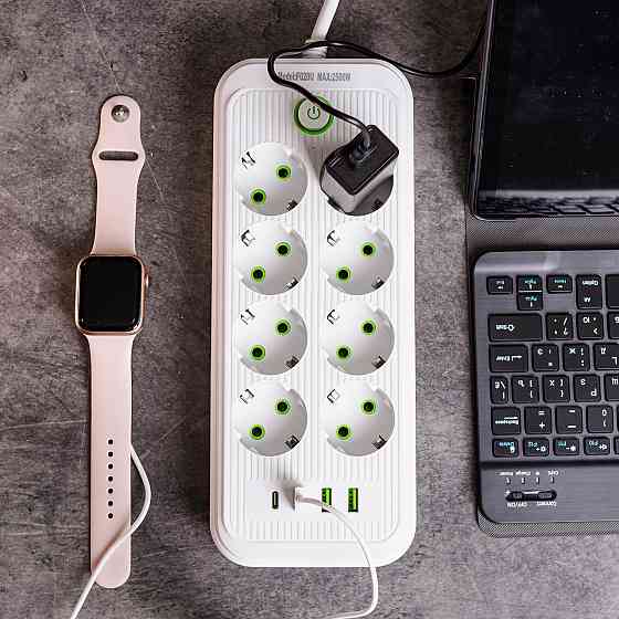 Сетевой фильтр 2.8 м удлинитель на 8 розеток с 3 USB 1 Type-C и кнопкой отключения F20U Белый HP-5-27 Киев