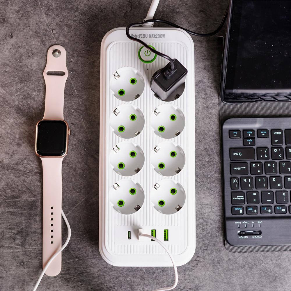 Сетевой фильтр 2.8 м удлинитель на 8 розеток с 3 USB 1 Type-C и кнопкой отключения F20U Белый HP-5-27 Киев - изображение 2