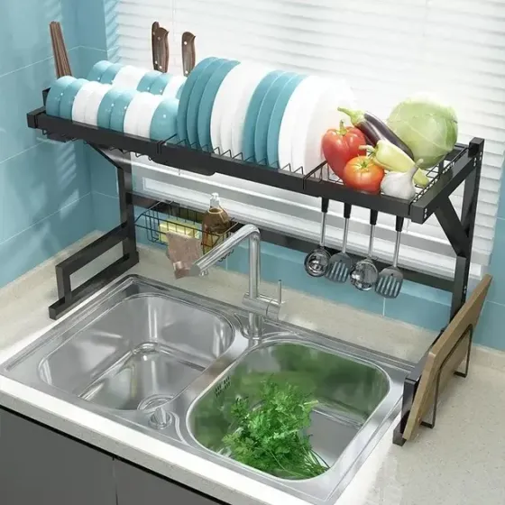 Многофункциональная Двухъярусная полка - органайзер JYH для сушки посуды над раковиной, черная 65 см Коломия