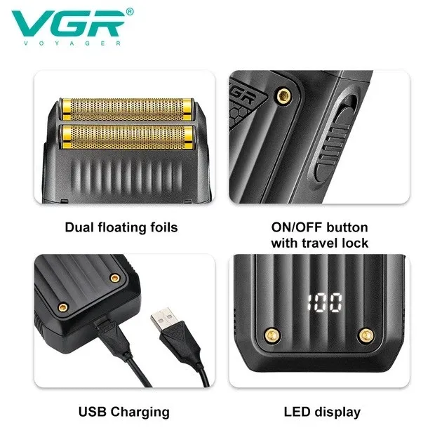 Електробритва VGR V-363 подвійне лезо, LED дисплей, акумуляторна, USB зарядка, чорний, портативна Одеса - фото 3