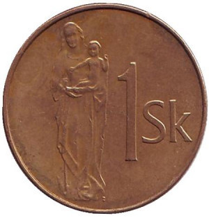 Мадонна с младенцем. Монета 1 крона. 1993,94 год, Словакия. (БЕ) Полтава - изображение 1