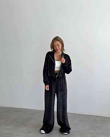 Жіночий прогулянковий плюшевий костюм-двійка: кофта та штани Чорний, 42/46 Одеса