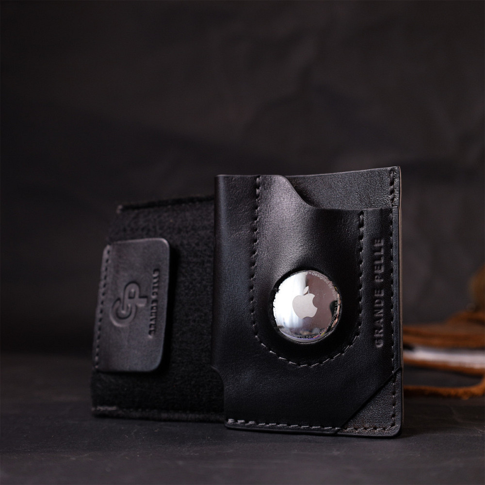 Стильний картхолдер з утримувачем для Apple AirTag з натуральної шкіри GRANDE PELLE 11610 Чорний Київ - фото 7