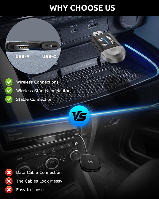Бездротовий автомобільний адаптер CarPlay Android Auto ESSGOO 2-в-1, підтримка iOS 10+ і Android 11+, Карплей чорний Київ - фото 4