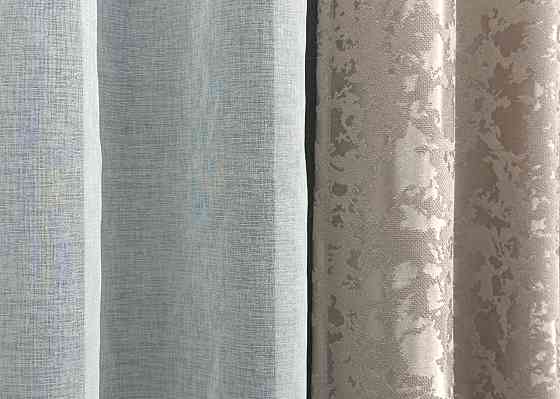 Комплект штор VR-Textil Лен Мрамор 100х270 2шт и Тюль 300х270 1717ш-1276т Серо-бежевый с белым 71-013/1 Киев