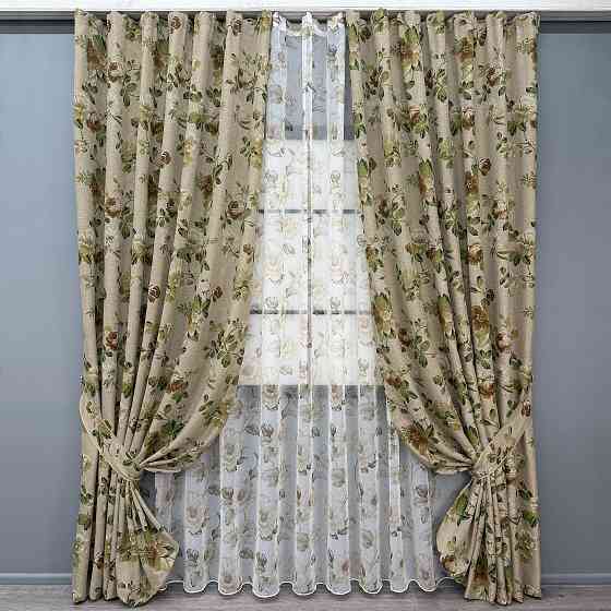 Комплект штор VR-Textil Лен Прованс 200х270 2шт и Тюль 600х270 2084ш-1681т 2081ш-1865т Бежевый с коричневым и белым 71-209/7 Киев