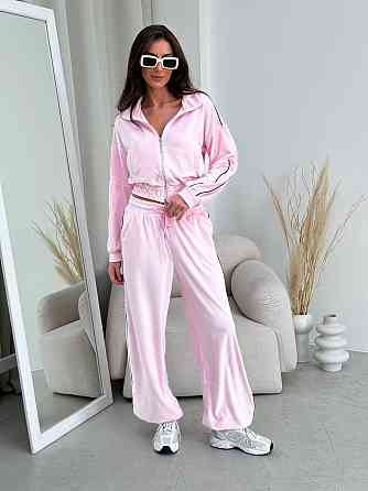 Женский повседневный велюровый костюм двойка: кофта и брюки Розовый, 48/52 Одесса