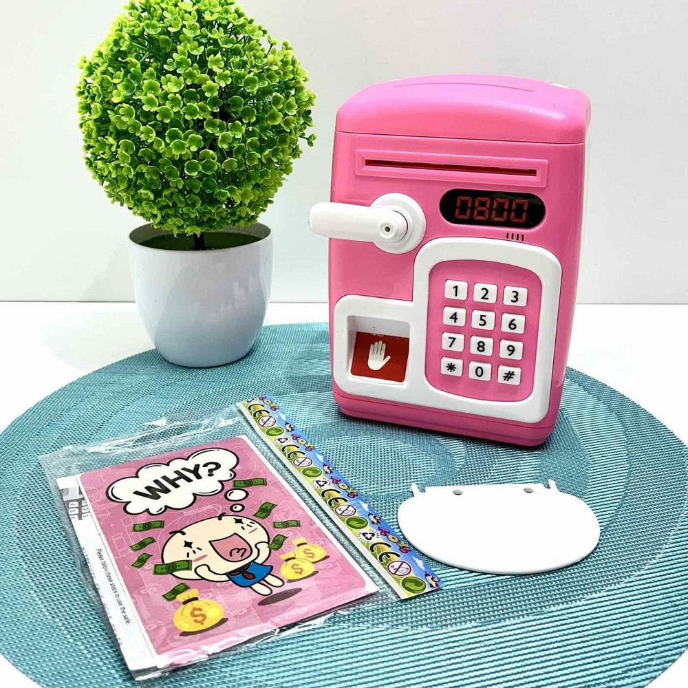 Сейф-скарбничка дитяча зі сканером відбитка пальця та кодовим замком затягує купюри звук підсвічування Рожевий (MK 5411) Чернігів - фото 1