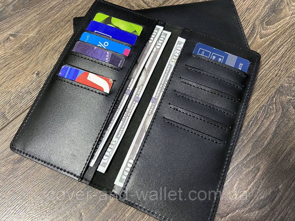 Тонкий мужской кожаный кошелёк купюрник черного цвета ручной роботы SHVIGEL Киев - изображение 5