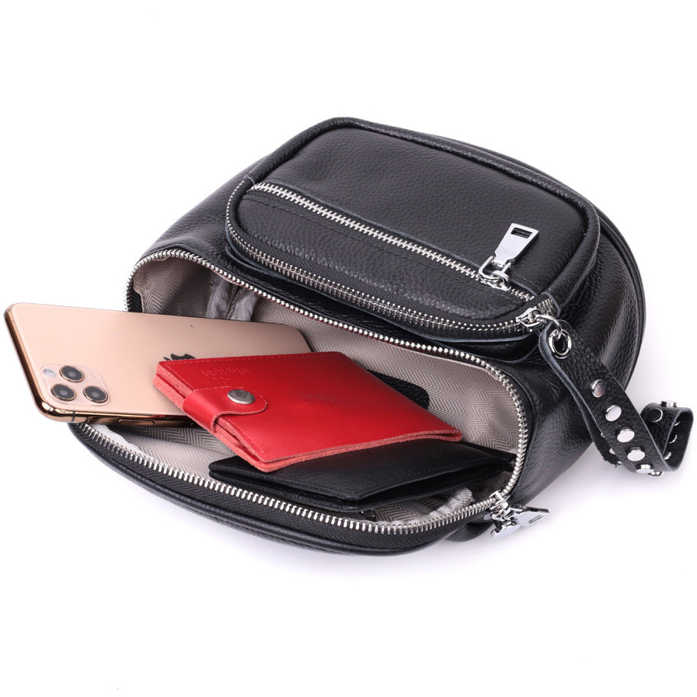 Сумка для жінок з декором у вигляді кнопок із натуральної шкіри Vintage 22388 Чорна Київ - фото 8