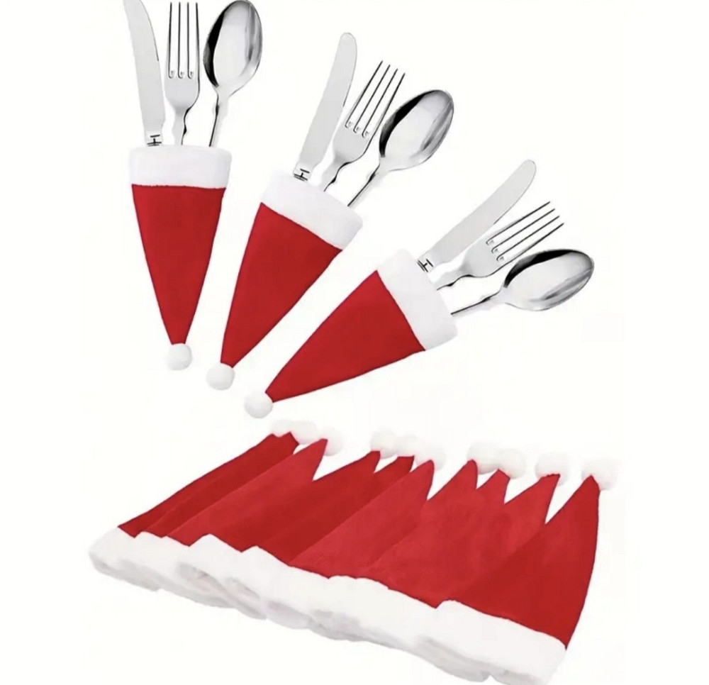 Різдвяні шапки Санта-Клауса для столових приборів 10 шт Сміла - фото 1