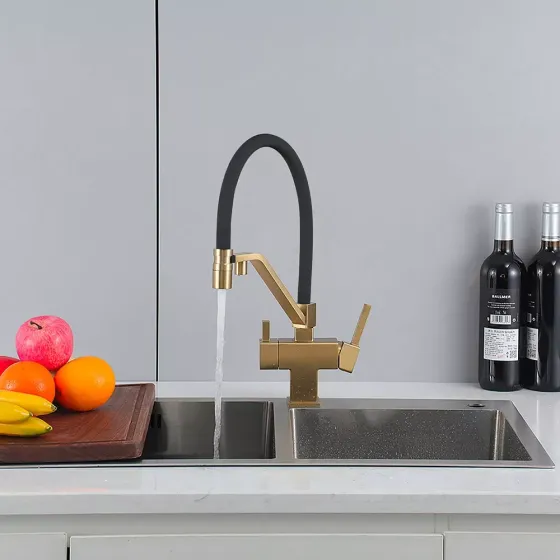 Змішувач для кухні під фільтр GAPPO G4395-63 з гнучким виливом, золото сатин/чорний Київ