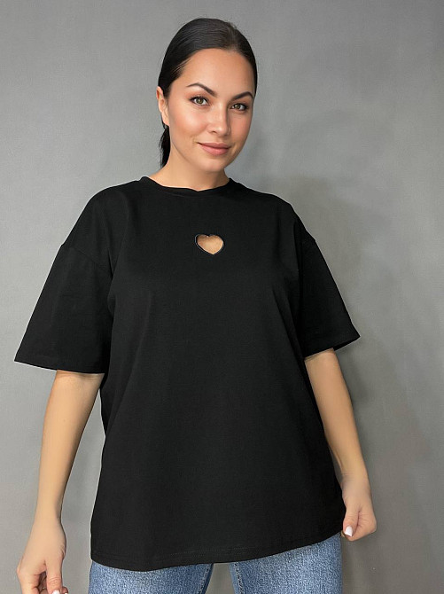 Футболка женская A-N 25037 оверсайз удлиненная свободный крой вырез сердце впереди one size, черный, one size Киев - изображение 10