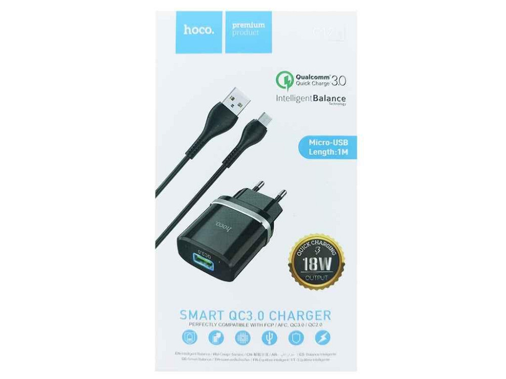 Мережевий зарядний пристрій microUSB C12Q 3A QC3.0 2в1 1м ТМ Hoco Київ - фото 1