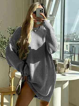 Женское уютное теплое платье свободного силуэта с рваным эффектом машинная вязка Серый Одесса