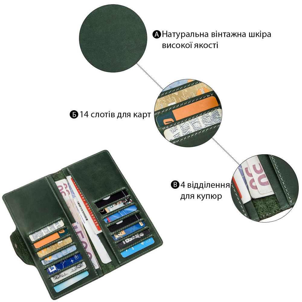 Бумажник унисекс из винтажной кожи SHVIGEL 16168 Зеленый Киев - изображение 3