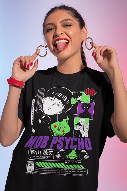 Футболка для хлопчика з аніме принтом Моб Псйкхо Манга Стріп оверсайз (зріст від 165 до 180) Чорний AnimeJ0125m Дніпро - фото 1