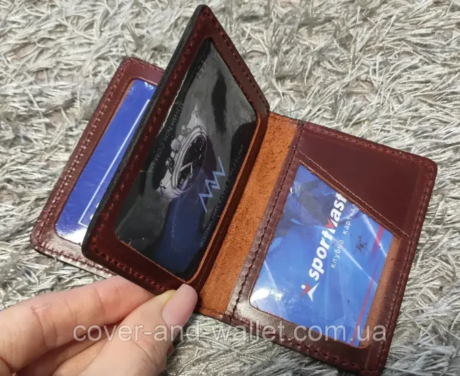 Шкіряна обкладинка на ID паспорт і авто права з додатковим клапаном Бордовий Київ - фото 7