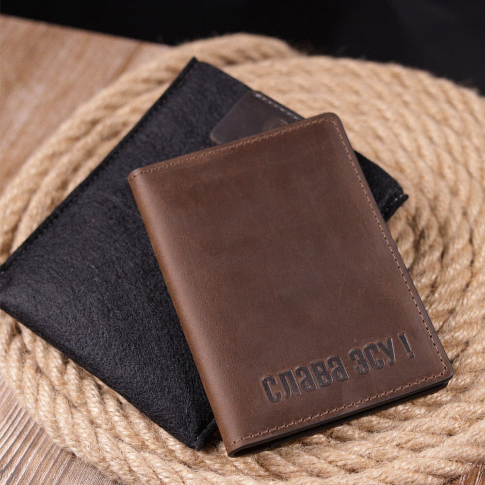 Добротная обложка на военный билет из винтажной кожи Слава ЗСУ GRANDE PELLE 16751 Коричневая Киев - изображение 9