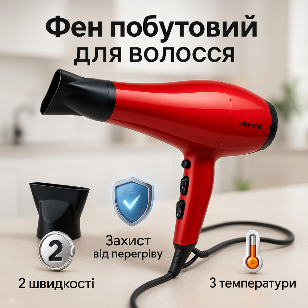 Классический фен для сушки и укладки волос Vilgrand VHD-2430 2400 Вт, Качественный фен для волос OD-71 Львов - изображение 13