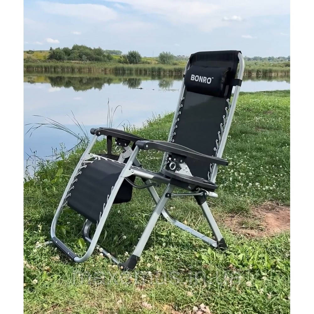 Раскладное кресло шезлонг туристический Bonro BG-006 черный + карман Садовый лежак пляжный шезлонг Мостиска - изображение 1