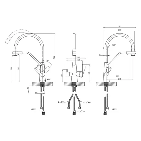 Змішувач для з підключенням до фільтру INX4A-08 GUNGREY  гнучкий вилив, графіт/чорний Київ