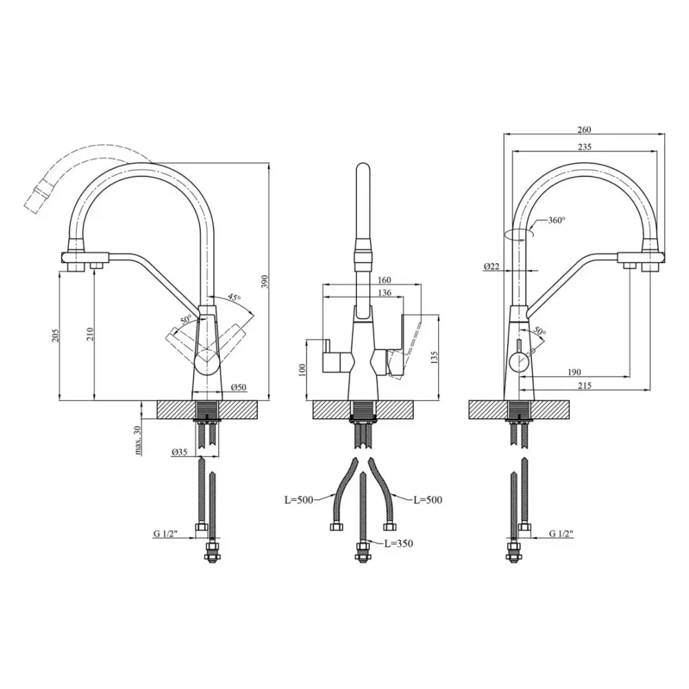 Змішувач для з підключенням до фільтру INX4A-08 GUNGREY  гнучкий вилив, графіт/чорний Київ - фото 6
