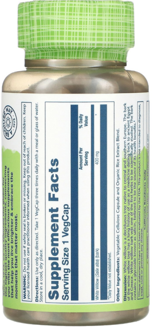 Белая ива Solaray White Willow Bark 400 мг 100 капсул Киев - изображение 2