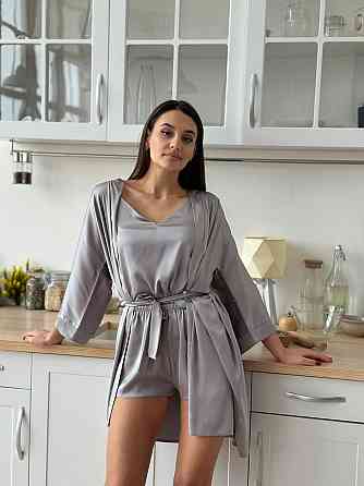 Халат жіночий шовковий під пояс довжина 90см Сірий XS/S Харків