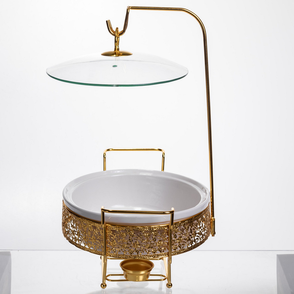 Кругла фарфоровая мармитниця 2.5 л на підставці з золотом Київ - фото 4