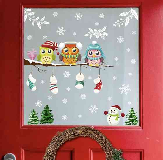 Новорічні наклейки сови на гілці - розмір стікера 25*70см, силікон Київ