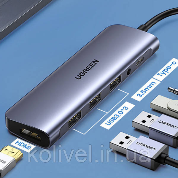 Док-станція USB3.0 Type-C --> USB 3.0x3/HDMI/jack 3.5mm/PD Ugreen CM136 Сіра (80132) Київ - фото 3