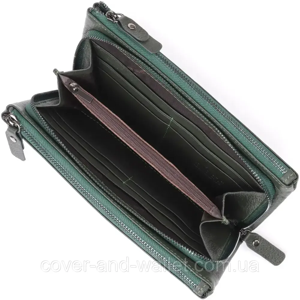 Жіночий шкіряний гаманець-клатч на три відділення зеленого кольору ST 022-1 Київ - фото 5