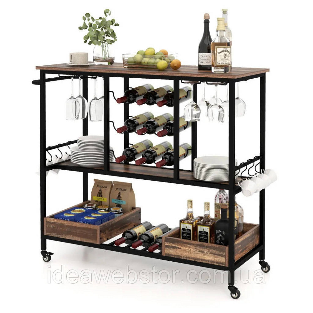 Сервірувальний столик візка Costway WineCart на колесах з винною стійкою для 9 пляшок і 8 келихів ящиками лофт коричневий Київ - фото 5