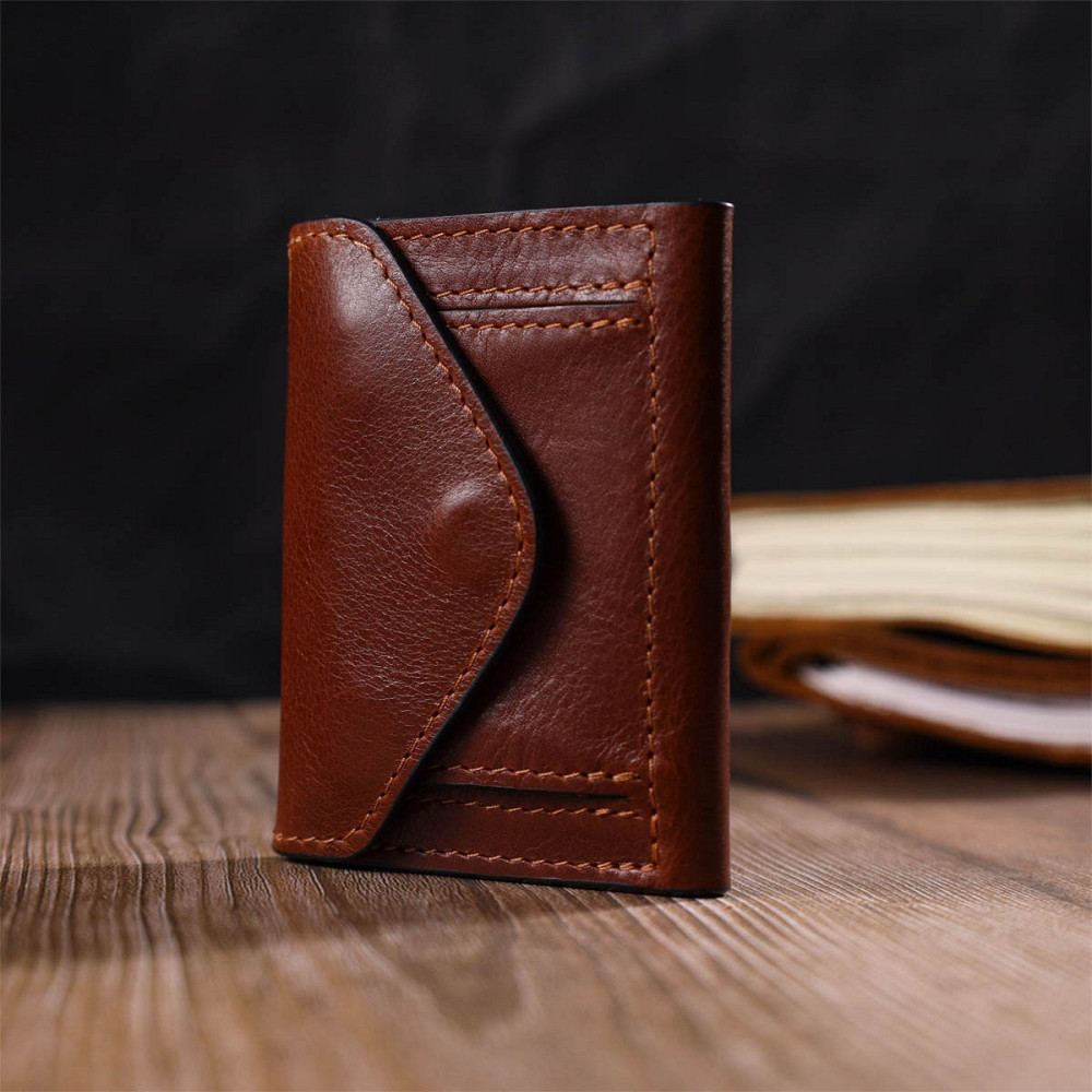 Стильний чоловічий гаманець у три складання Коричневий (GRANDE PELLE) Київ - фото 3