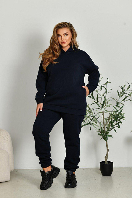 Женский прогулочный костюм: худи и штаны батал в спортивном стиле трехнитка на флисе Синий, 60/62 Одесса - изображение 5