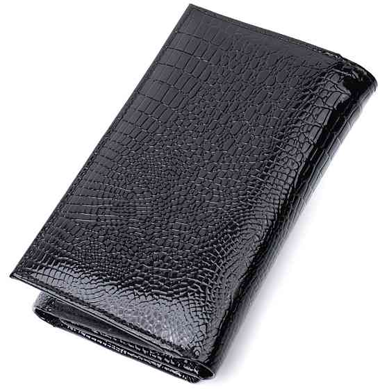 Жіночий гаманець у три складання з лакованої фактурної натуральної шкіри ST Leather 22707 Чорний Київ