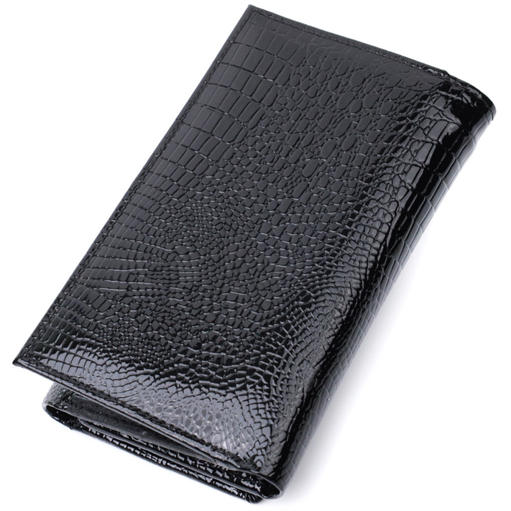 Женский кошелек в три сложения из лакированной фактурной натуральной кожи ST Leather 22707 Черный Киев - изображение 2