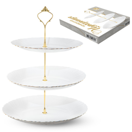 Фруктовниця триярусна 20,3/22,9/25,4см із золотим кантом білий S&T Житомир