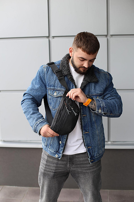 Бананка із натуральної шкіри, шкіряна сумка на пояс SKILL Two Line (Чорна) Суми - фото 9