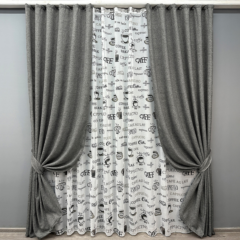 Комплект штор VR-Textil Лен Мешковина 100х270 2шт и Тюль 400х270 108ш-1791т Серый с белым 71-061/2 Киев - изображение 1