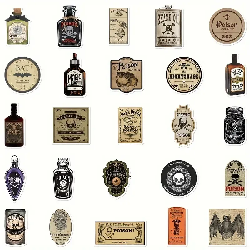 Набор винтажных наклеек «Этикетки яда», 50 шт, винил, \~5,5 см Киев - изображение 2