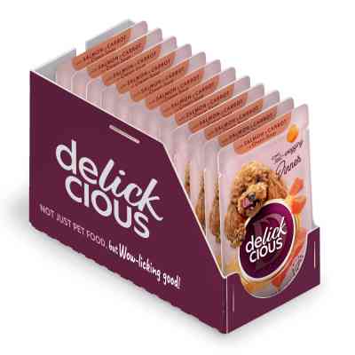 Вологий корм для собак Delickcious Смужки з лососем та морквою в крем-супі 85 г (4820269142053) Вінниця